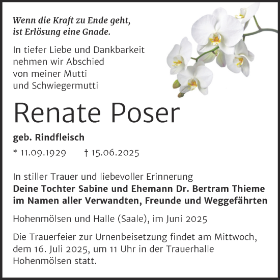Traueranzeige von Renate Poser von Trauerkombi Weißenfels