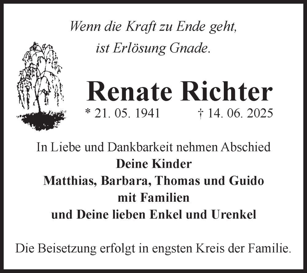  Traueranzeige für Renate Richter vom 21.06.2025 aus Volksstimme Zerbst