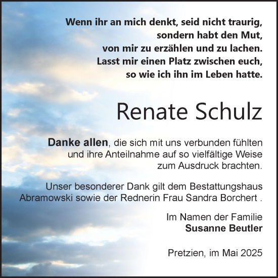 Traueranzeige von Renate Schulz von Volksstimme Schönebeck