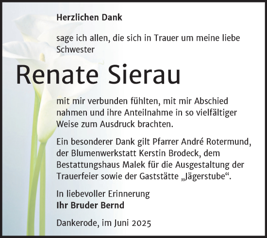 Traueranzeige von Renate Sierau von Trauerkombi Quedlinburg