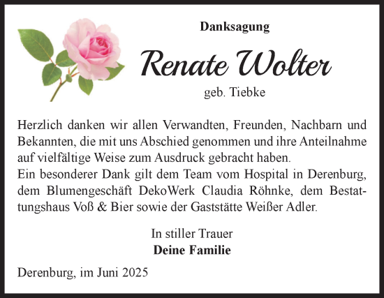 Traueranzeige von Renate Wolter von Volksstimme Wernigerode