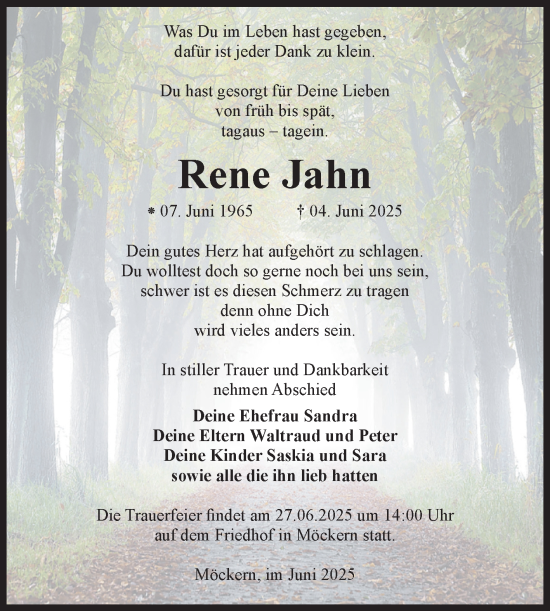 Traueranzeige von Rene Jahn von Volksstimme Burg/Genthin