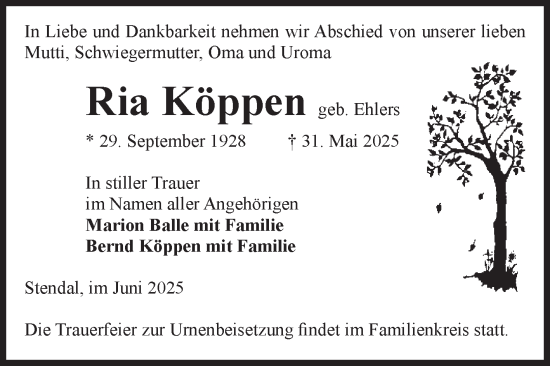 Traueranzeige von Ria Köppen von Volksstimme Altmark Ost