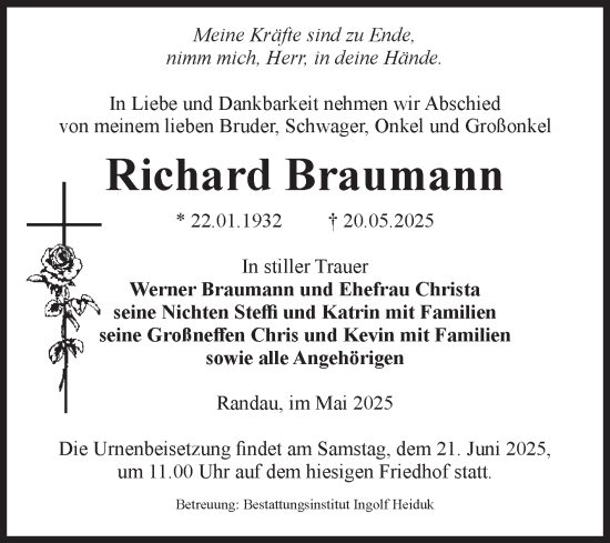 Traueranzeige von Richard Braumann von Volksstimme Magdeburg