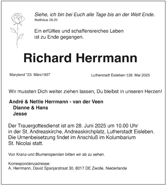 Traueranzeige von Richard Herrmann von Trauerkombi Mansfelder Land