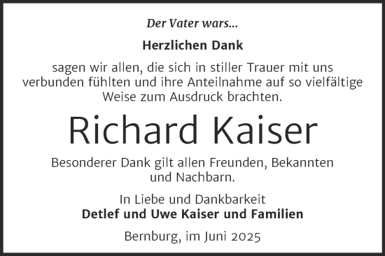 Traueranzeige von Richard Kaiser von Trauerkombi Bernburg