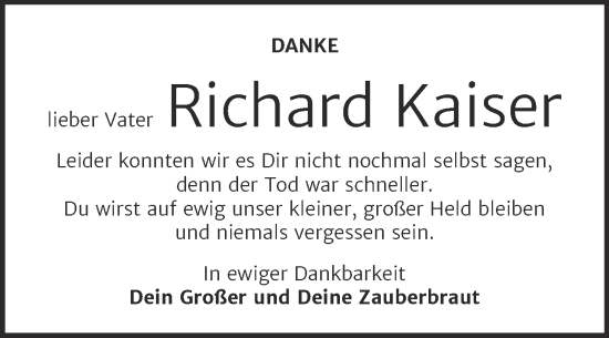 Traueranzeige von Richard Kaiser von Trauerkombi Bernburg