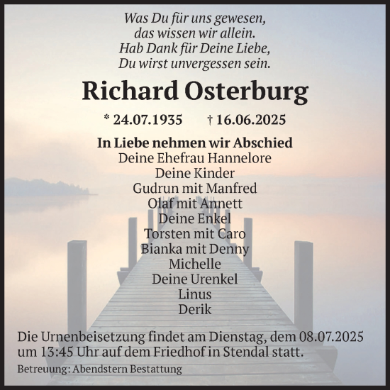 Traueranzeige von Richard Osterburg von Volksstimme Altmark Ost