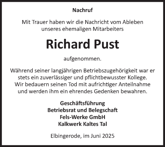 Traueranzeige von Richard Pust von Volksstimme Wernigerode