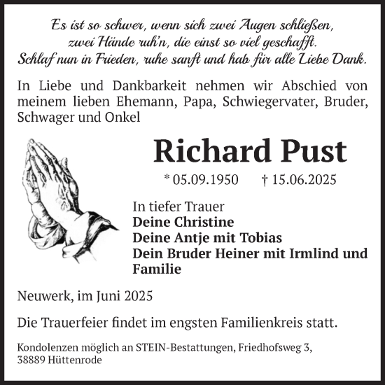 Traueranzeige von Richard Pust von Volksstimme Wernigerode