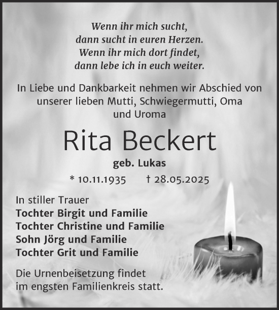 Traueranzeige von Rita Beckert von Trauerkombi Wittenberg