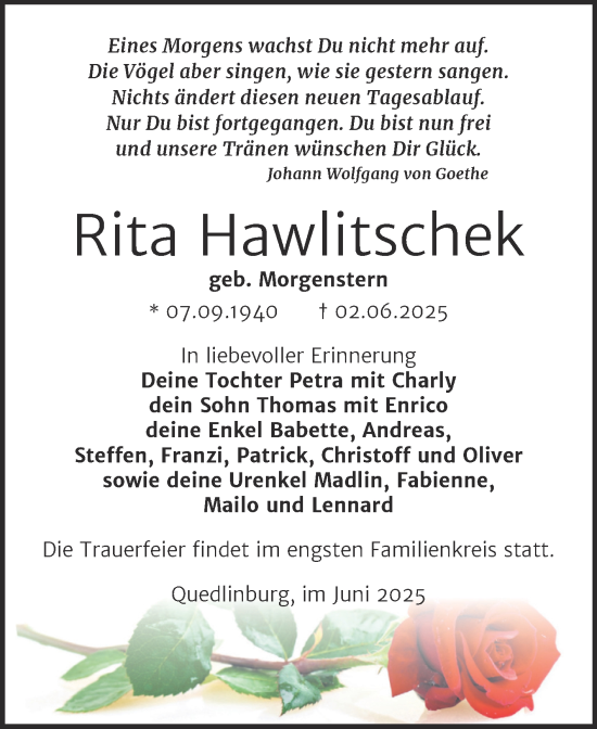 Traueranzeige von Rita Hawlitschek von Trauerkombi Quedlinburg