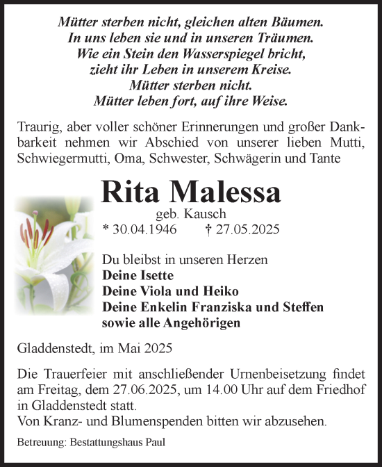 Traueranzeige von Rita Malessa von Volksstimme Altmark West