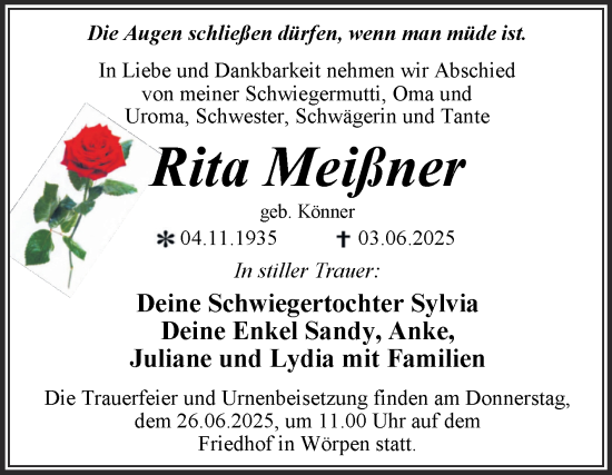 Traueranzeige von Rita Meißner von Trauerkombi Wittenberg