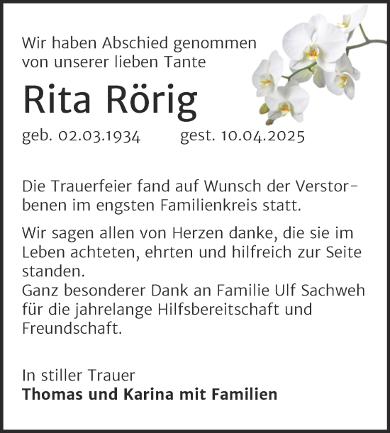 Traueranzeige von Rita Rörig von Trauerkombi Sangerhausen