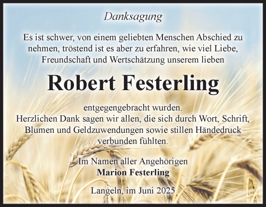 Traueranzeige von Robert Festerling von Volksstimme Wernigerode