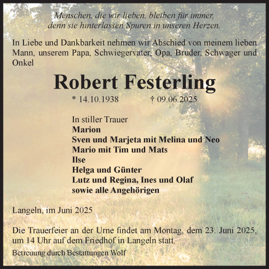 Traueranzeige von Robert Festerling von Volksstimme Wernigerode