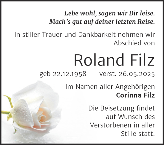 Traueranzeige von Roland Filz von Trauerkombi Aschersleben
