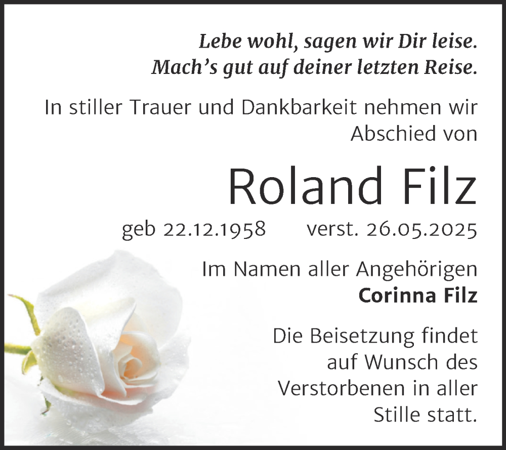  Traueranzeige für Roland Filz vom 07.06.2025 aus Trauerkombi Aschersleben