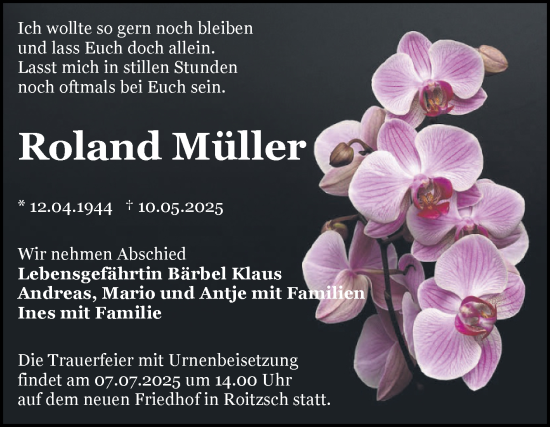 Traueranzeige von Roland Müller von Trauerkombi Bitterfeld