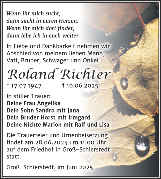 Traueranzeige von Roland Richter von Trauerkombi Aschersleben