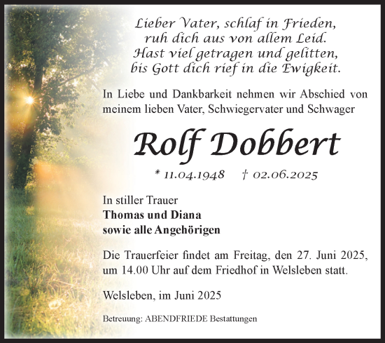 Traueranzeige von Rolf Dobbert von Volksstimme Schönebeck