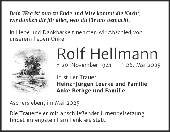 Traueranzeige von Rolf Hellmann von Mitteldeutsche Zeitung Aschersleben