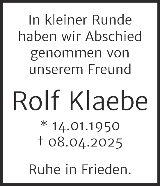 Traueranzeige von Rolf Klaebe von Trauerkombi Wittenberg