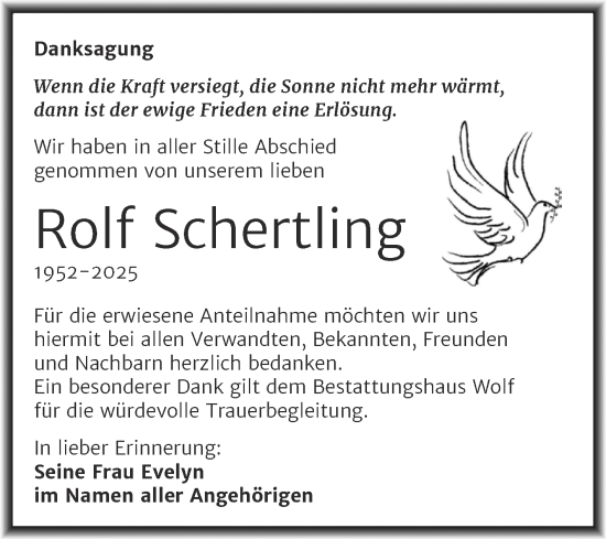 Traueranzeige von Rolf Schertling von Trauerkombi Weißenfels