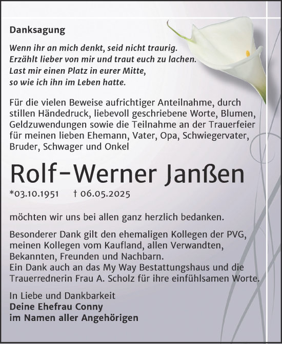 Traueranzeige von Rolf-Werner Janßen von Trauerkombi Weißenfels