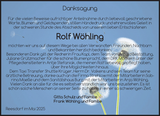 Traueranzeige von Rolf Wöhling von Volksstimme Burg/Genthin