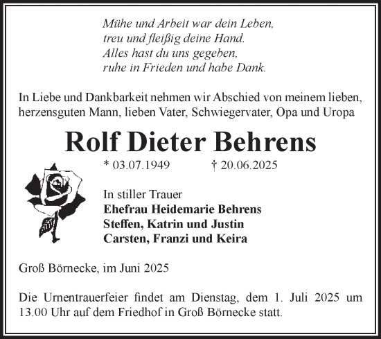 Traueranzeige von Rolf Dieter Behrens 