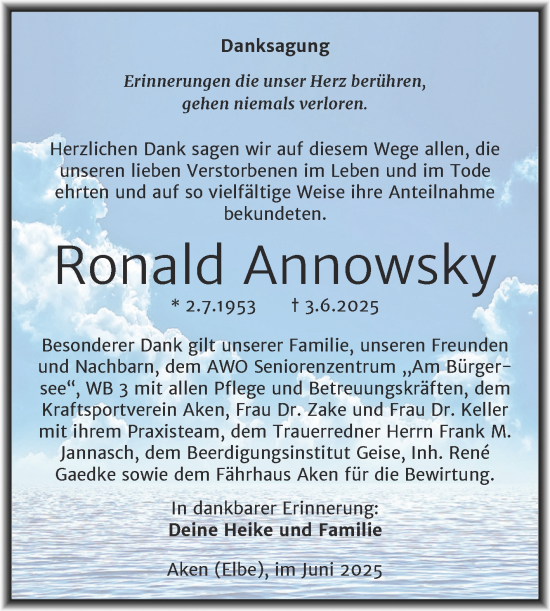 Traueranzeige von Ronald Annowsky von Trauerkombi Köthen
