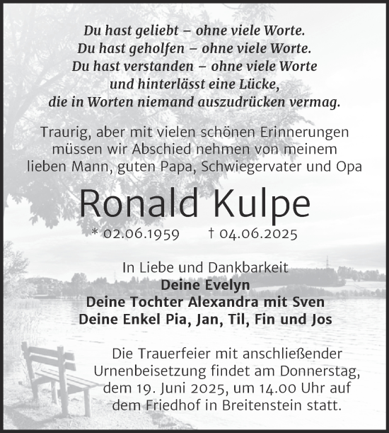 Traueranzeige von Ronald Kulpe von Trauerkombi Sangerhausen