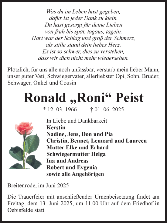 Traueranzeige von Ronald Peist von Volksstimme Altmark West