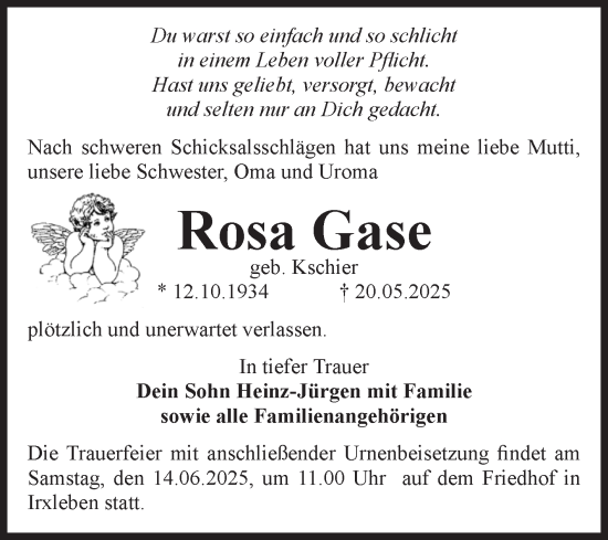 Traueranzeige von Rosa Gase von Volksstimme Haldensleben/Wolmirstedt