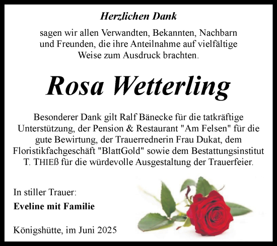 Traueranzeige von Rosa Wetterling von Volksstimme Wernigerode