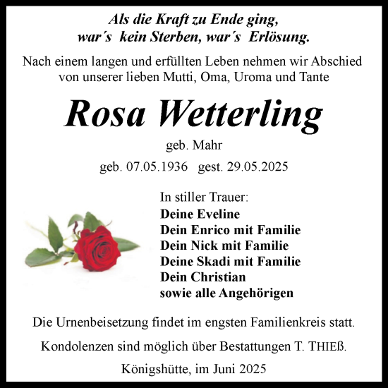 Traueranzeige von Rosa Wetterling von Volksstimme Wernigerode