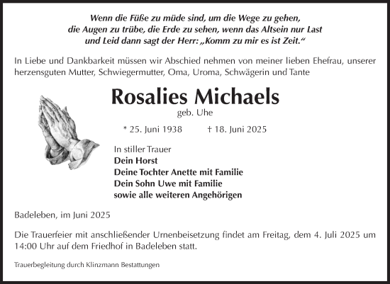 Traueranzeige von Rosalies Michaels von Volksstimme Oschersleben/Wanzleben