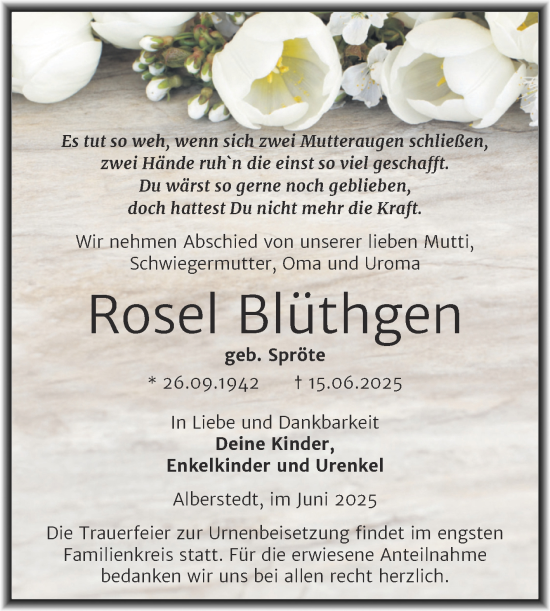 Traueranzeige von Rosel Blüthgen von Trauerkombi Merseburg