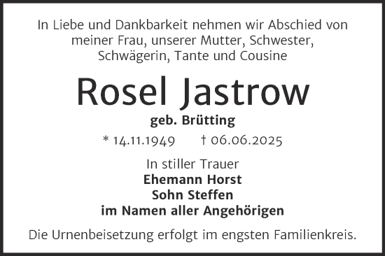 Traueranzeige von Rosel Jastrow von Trauerkombi Bernburg