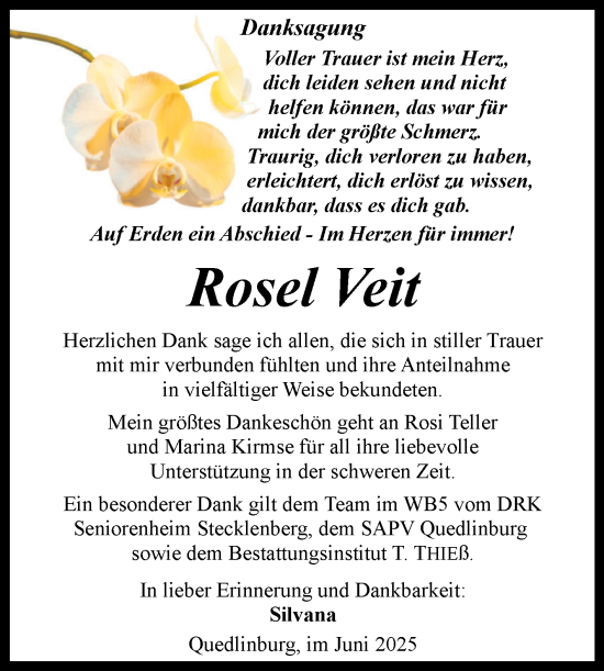 Traueranzeige von Rosel Veit von Trauerkombi Quedlinburg