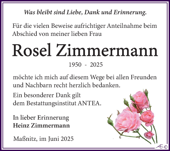Traueranzeige von Rosel Zimmermann von Trauerkombi Zeitz