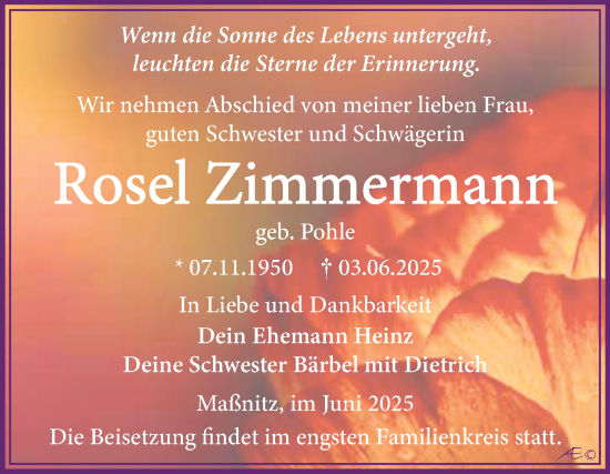 Traueranzeige von Rosel Zimmermann von Trauerkombi Zeitz