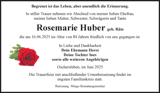Traueranzeige von Rosemarie Huber von Volksstimme Oschersleben/Wanzleben