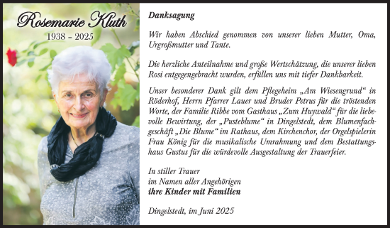 Traueranzeige von Rosemarie Kluth von Volksstimme Halberstadt