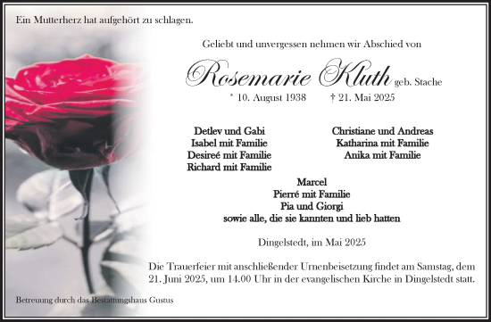 Traueranzeige von Rosemarie Kluth von Volksstimme Halberstadt
