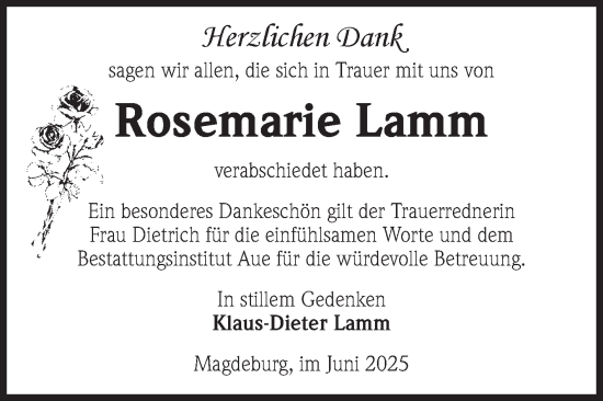 Traueranzeige von Rosemarie Lamm von Volksstimme Magdeburg