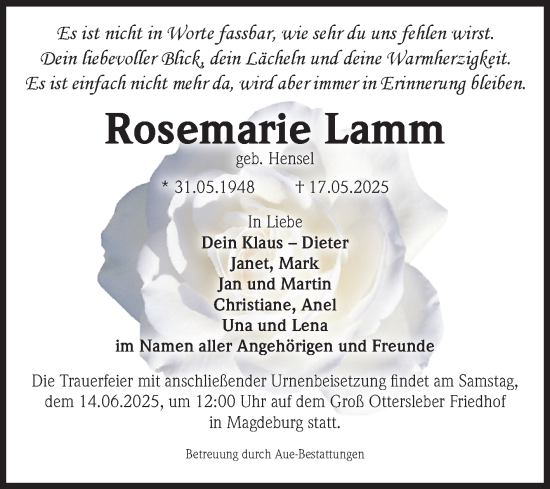 Traueranzeige von Rosemarie Lamm von Volksstimme Magdeburg