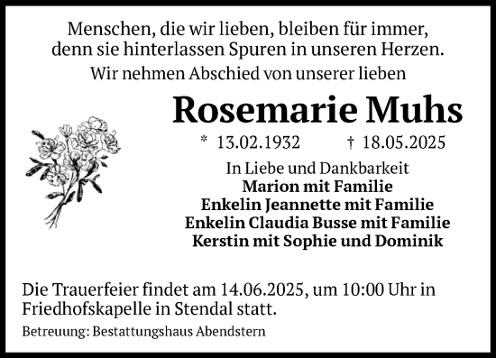Traueranzeige von Rosemarie Muhs von Volksstimme Altmark Ost